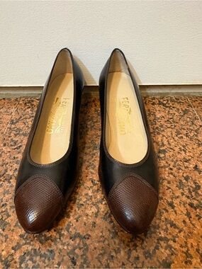 Salvatore Ferragamo Black and Brown Leather Cap-Toe Pumps 36/6